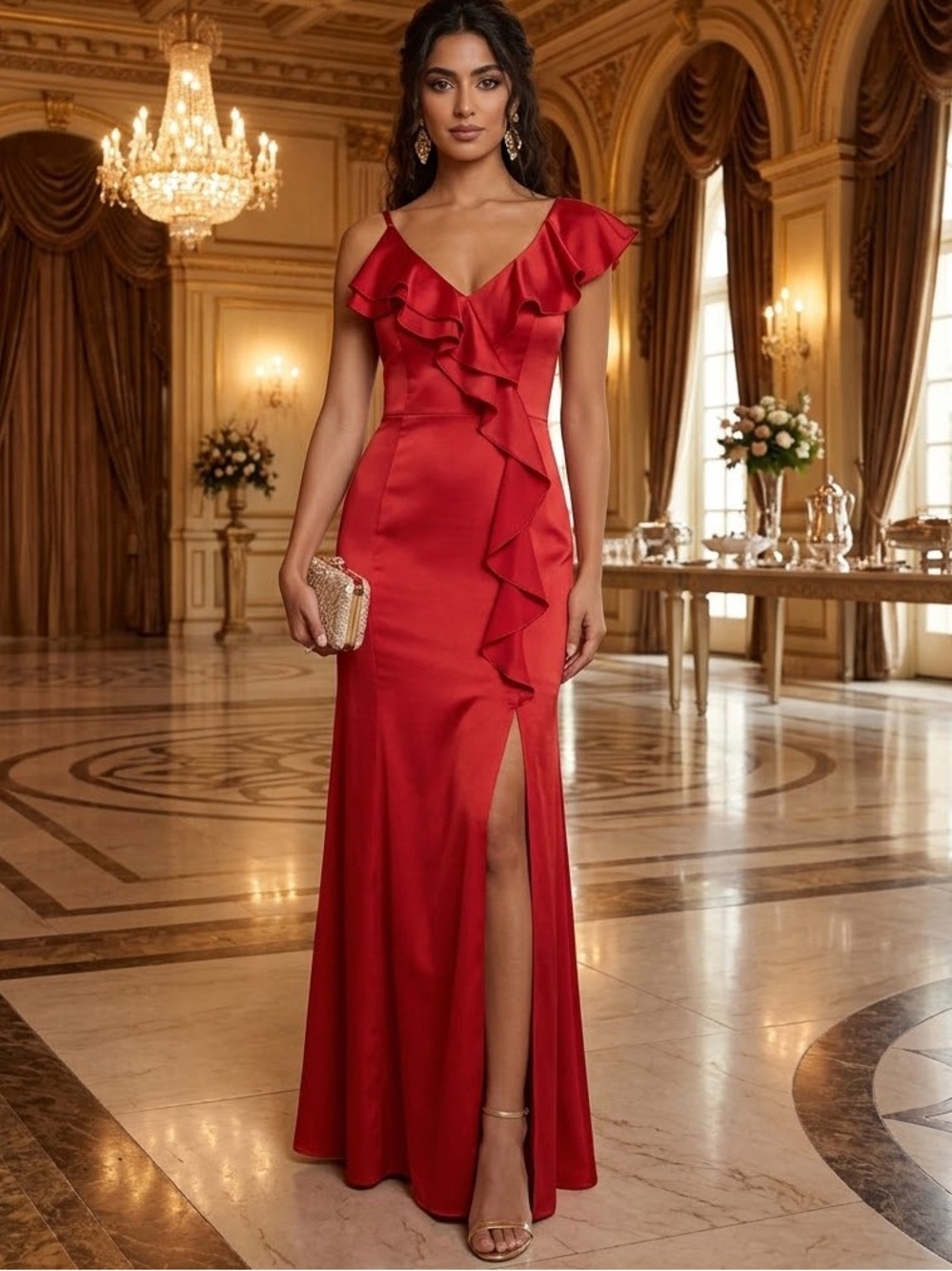 Donna Karan New York Ruffle Maxi Dress in Red Size 6 Like New
